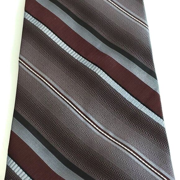 Pronto Uomo Maroon Gray Woven Striped Wide Silk Tie - Picture 2 of 6